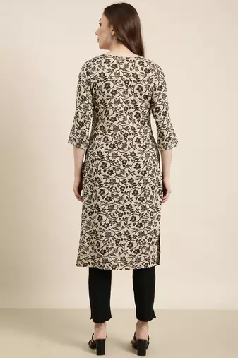 women's calf length round neck beige floral straight kurta