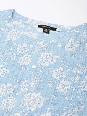 women's calf length round neck blue floral straight kurta 3