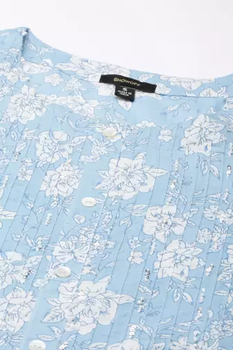 women's calf length round neck blue floral straight kurta