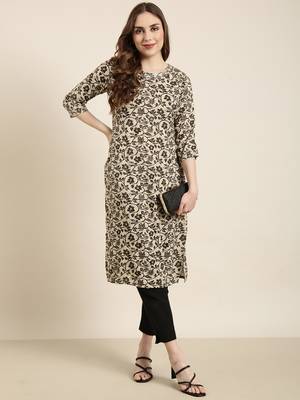 women's calf length round neck beige floral straight kurta 5