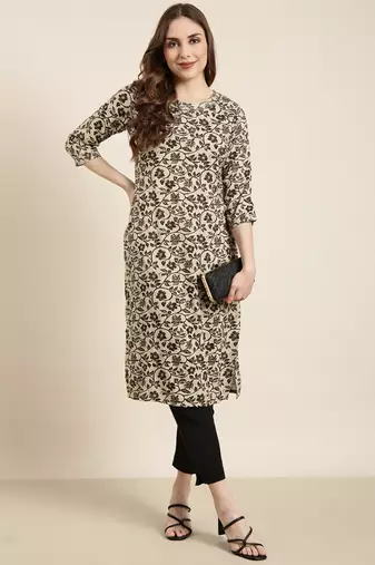 women's calf length round neck beige floral straight kurta