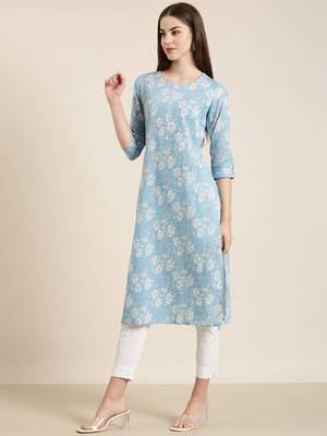 women's calf length round neck blue floral straight kurta 4