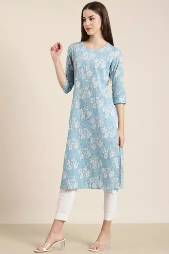 women's calf length round neck blue floral straight kurta