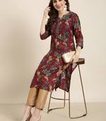 women's knee length round neck maroon floral straight kurta