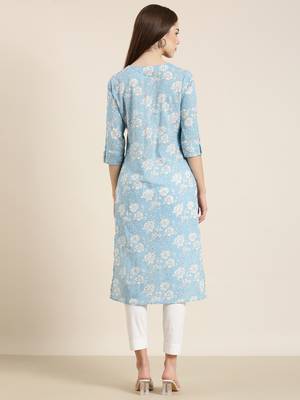 women's calf length round neck blue floral straight kurta 5