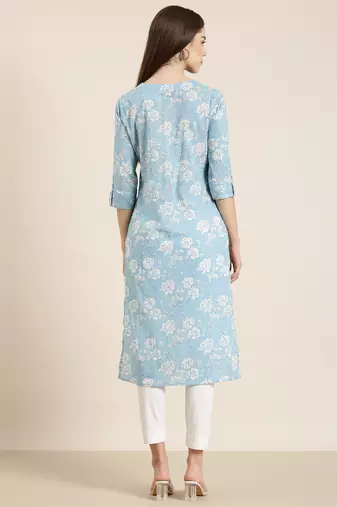 women's calf length round neck blue floral straight kurta
