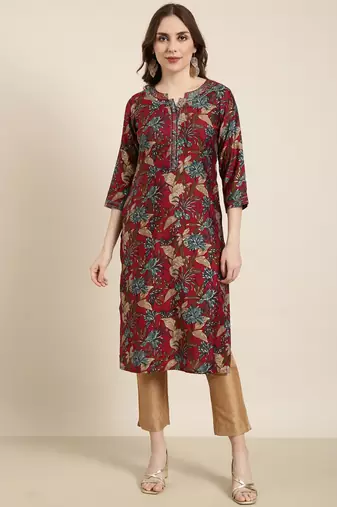 women's knee length round neck maroon floral straight kurta