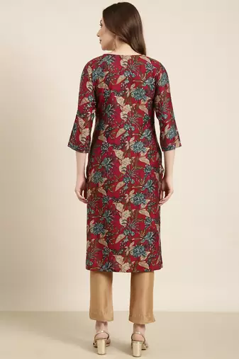 women's knee length round neck maroon floral straight kurta