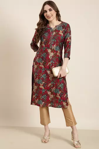 women's knee length round neck maroon floral straight kurta