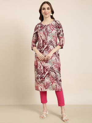 women's calf length round neck maroon abstract straight kurta 2