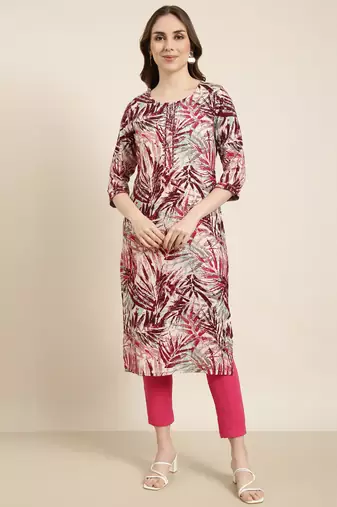 women's calf length round neck maroon abstract straight kurta