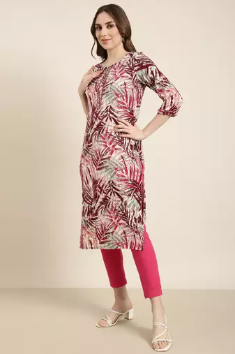 women's calf length round neck maroon abstract straight kurta