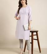women's knee length round neck lavender solid straight kurta