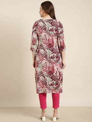 women's calf length round neck maroon abstract straight kurta 4