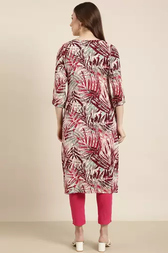 women's calf length round neck maroon abstract straight kurta