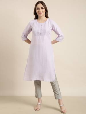 women's knee length round neck lavender solid straight kurta 2