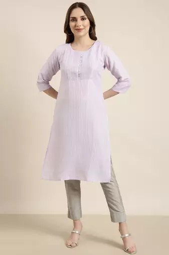 women's knee length round neck lavender solid straight kurta