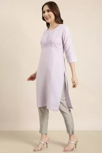 women's knee length round neck lavender solid straight kurta