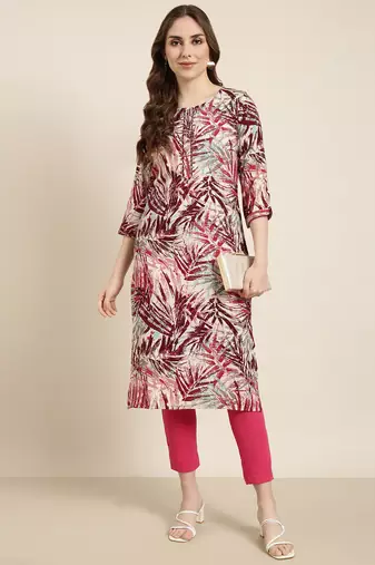 women's calf length round neck maroon abstract straight kurta