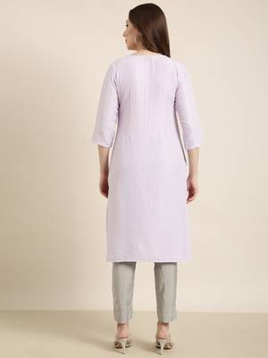 women's knee length round neck lavender solid straight kurta 4