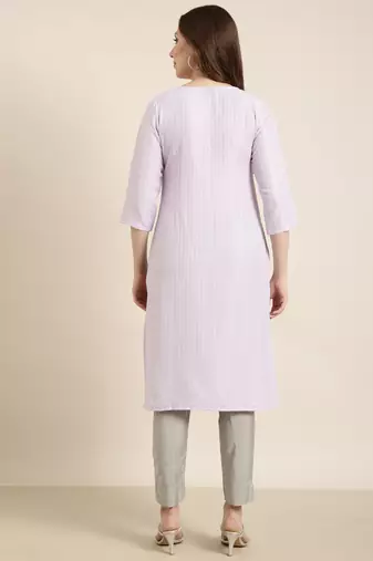 women's knee length round neck lavender solid straight kurta