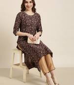 women's calf length round neck brown floral straight kurta