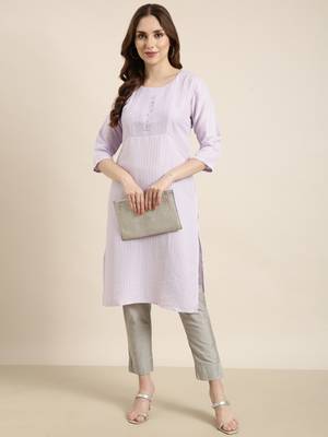 women's knee length round neck lavender solid straight kurta 5