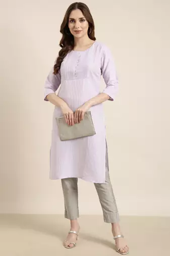 women's knee length round neck lavender solid straight kurta