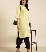 women's knee length round neck yellow solid straight kurta