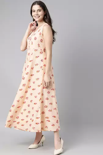 women peach floral printed maxi dress