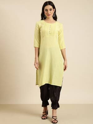 women's knee length round neck yellow solid straight kurta 2