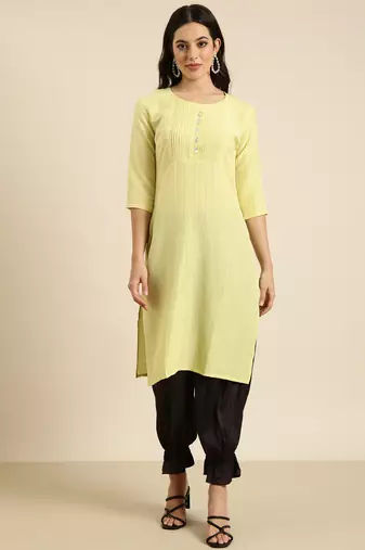 women's knee length round neck yellow solid straight kurta