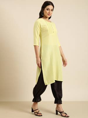women's knee length round neck yellow solid straight kurta 3