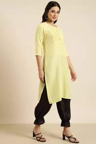 women's knee length round neck yellow solid straight kurta