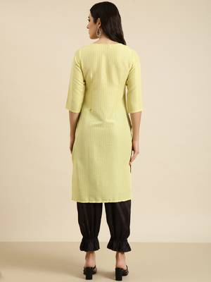 women's knee length round neck yellow solid straight kurta 4