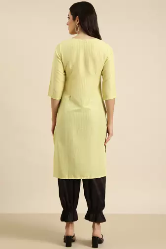 women's knee length round neck yellow solid straight kurta