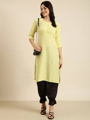 women's knee length round neck yellow solid straight kurta 5