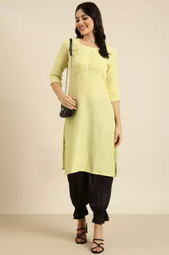 women's knee length round neck yellow solid straight kurta