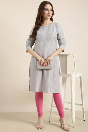 women's knee length round neck grey striped straight kurta