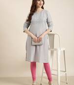 women's knee length round neck grey striped straight kurta