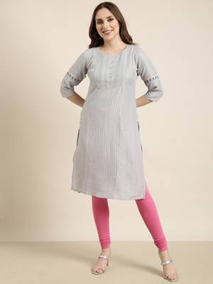 women's knee length round neck grey striped straight kurta 2