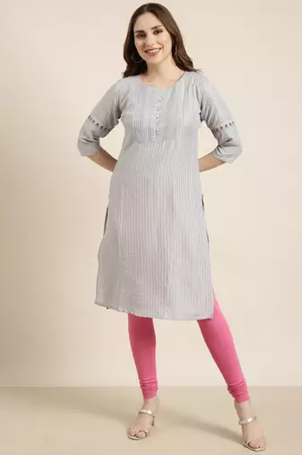 women's knee length round neck grey striped straight kurta