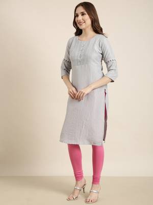women's knee length round neck grey striped straight kurta 3
