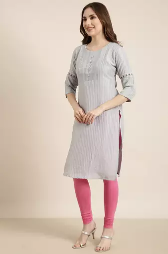 women's knee length round neck grey striped straight kurta