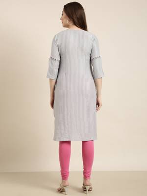 women's knee length round neck grey striped straight kurta 4