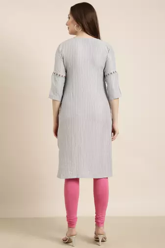 women's knee length round neck grey striped straight kurta