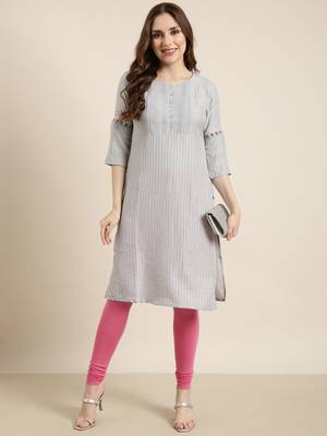 women's knee length round neck grey striped straight kurta 5