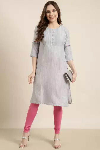 women's knee length round neck grey striped straight kurta