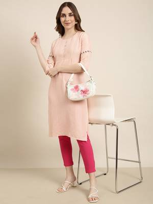 women's knee length round neck peach striped straight kurta 1