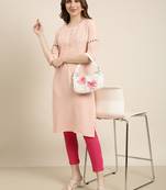 women's knee length round neck peach striped straight kurta